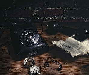 Kompozycja, Stolik, Telefon, Zegarek, Notes, Ściana