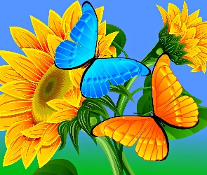 Słoneczniki, Grafika 2D, Motyle