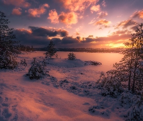 Zima, Śnieg, Jezioro, Zachód słońca, Drzewa