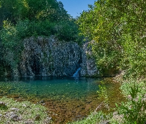 Skały, Kamienie, Wodospad, Jezioro, Drzewa