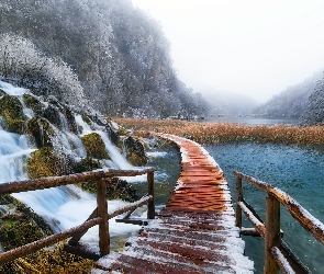 Zima, Kładka, Plitvice, Chorwacja, Jezioro, Wodospad