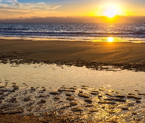 Morze, Plaża, Zachód słońca
