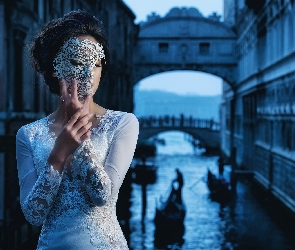 Włochy, Wenecja, Maska, Biała, Sukienka, Kobieta