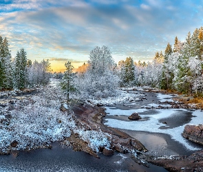 Finlandia, Szron, Drzewa, Kamienie, Las, Rzeka Kiiminkijoki