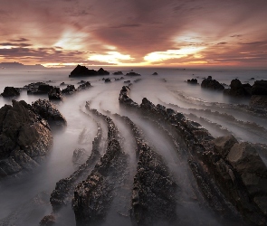 Zmierzch, Plaża, Barrika, Hiszpania, Morze, Skały