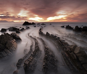 Hiszpania, Barrika, Zmierzch, Skały, Plaża, Morze