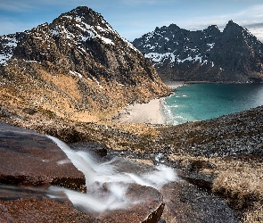 Norwegia, Morze, Góry, Plaża Kvalvika, Lofoty