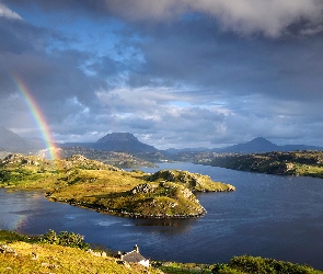 Szkocja, Morze, Zatoka Loch Inchard, Tęcza, Góry Kaledońskie