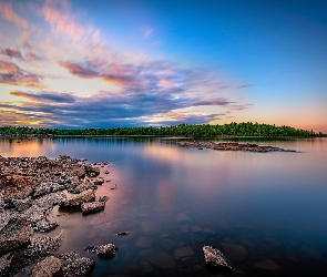 Jezioro, Drzewa, Kamienie, Brzeg