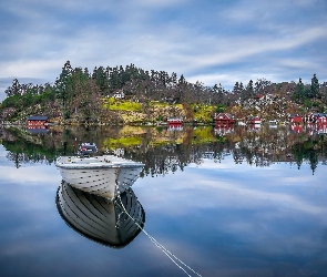 Skały, Domy, Gmina Eigersund, Drzewa Morze, Łódka, Norwegia, Rogaland