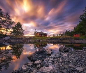 Ringerike, Norwegia, Łódka, Dom, Drzewa, Zachód słońca, Jezioro Vaeleren