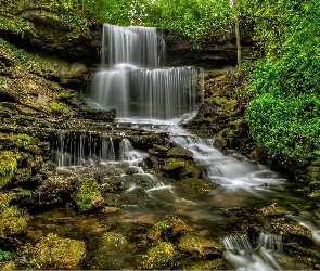 Drzewa, Skały, Stan Ohio, Stany Zjednoczone, Wodospad West Milton Cascades, Kaskada