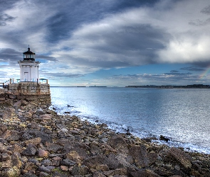 Stany Zjednoczone, Stan Maine, Tęcza, Kamienie, Morze, Latarnia morska Portland Breakwater Light