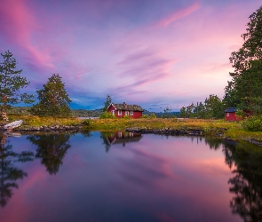 Norwegia, Ringerike, Drzewa, Łódka, Dom, Jezioro Vaeleren