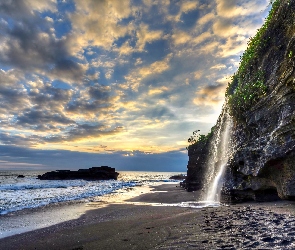 Bali, Indonezja, Wodospad, Plaża, Morze, Skały, Melasti