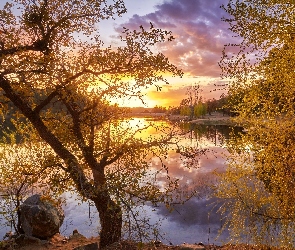 Jesień, Zachód słońca, Drzewa, Rzeka