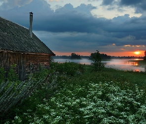 Jezioro Ordosno, Rosja, Zachód słońca, Drewniany, Dom, Kwiaty, Wysepki