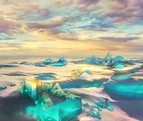 Fantasy, Paintography, Planeta, Chmury, Kryształy, Lód