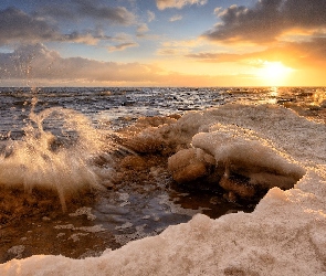 Morze, Zima, Zachód słońca, Lód