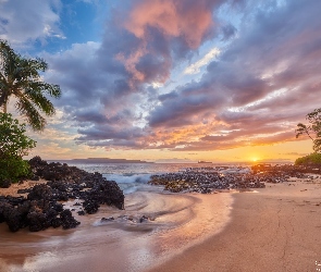 Hawaje, Wyspa Maui, Chmury, Zachód słońca, Palmy, Morze