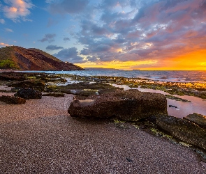 Wzgórza, Kamienie, Wyspa Maui, Hawaje, Morze, Zachód słońca
