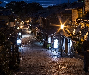 Kyoto, Noc, Domy, Ulica, Japonia