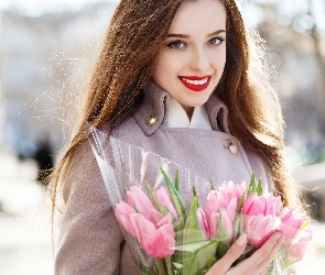 Uśmiechnięta, Tulipany, Różowe, Kobieta