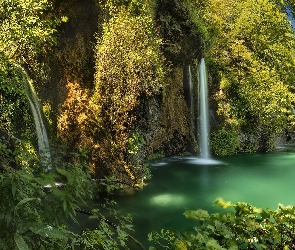 Chorwacja, Plitvice, Rośliny, Wodospad, Jezioro, Park Narodowy Jezior Plitwickich