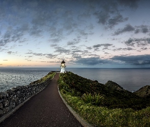 Nowa Zelandia, Wyspa Północna, Niebo, Droga, Morze, Latarnia morska Cape Reinga Lighthouse