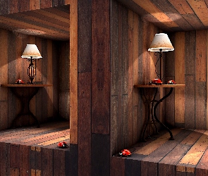 Nisze, Grafika 3D, Biedronki, Lampy, Półki