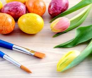 Jajka, Kompozycja, Wielkanoc, Pisanki, Tulipany