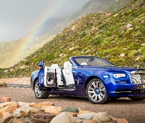 Rolls-Royce Dawn, Tęcza, Niebieski, Kabriolet, Wzgórza, 2016, Droga, Kamienie