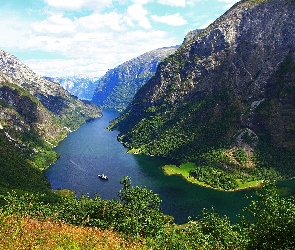 Statek, Góry, Norwegia, Fiord Sognefjorden
