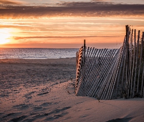 Morze, Płot, Wschód Słońca, Plaża