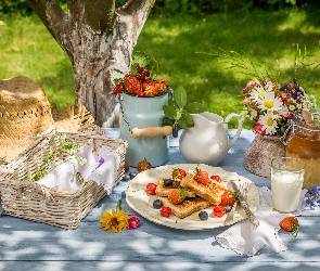 Lato, Kapelusz, Mleko, Bańka Jedzenie, Koszyk, Truskawki, Piknik, Bukiet kwiatów, Owoce