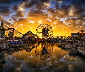 Kalifornia, Stany Zjednoczone, Zachód słońca, Disneyland, Diabelski młyn, Rzeka, Anaheim