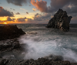 Skały, Morze, Zachód słońca, Ocean