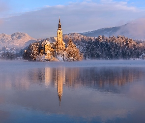 Kościół, Zima, Słowenia, Jezioro Bled