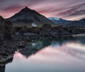 Skały, Jezioro, Półwysep Snaefellsnes, Islandia, Dom, Góry