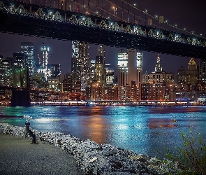 Stany Zjednoczone, Miasto nocą, Rzeka East River, Most, Nowy Jork