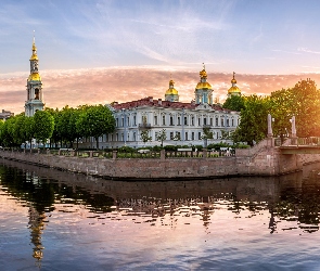 Kanał Kryukowski, Petersburg, Rosja, Cerkiew, Wschód słońca, Most, Drzewa, Sobór św. Mikołaja i Objawienia Pańskiego