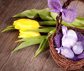 Tulipany, Pisanki, Wielkanoc, Kompozycja, Koszyczek, Kokarda