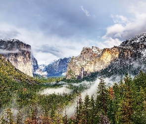 Stan Kalifornia, Stany Zjednoczone, Mgła, Dolina Yosemite Valley, Góry, Las, Park Narodowy Yosemite