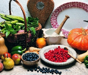 Warzywa, Borówki, Jabłka, Moździerz, Dynia, Papryka, Owoce, Kompozycja, Śliwka