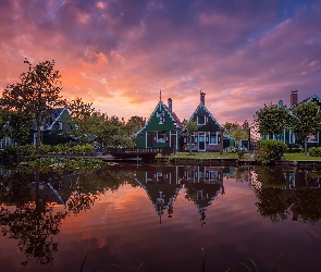 Holandia, Skansen Zaanse Schans, Odbicie, Kanał, Świt, Domy