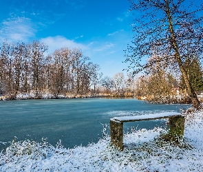 Rzeka, Śnieg, Drzewa, Ławeczka, Zima