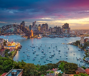 Łodzie, Zmierzch, Sydney, Domy, Zatoka Port Jackson, Australia, Most Harbour Bridge