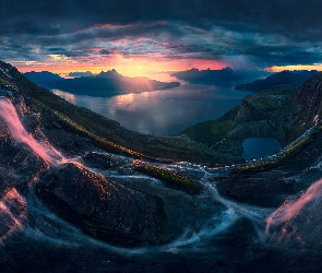 Norwegia, Lofoty, Zachód słońca, Wodospad, Skały, Góry