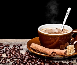 Ziarna, Cynamon, Filiżanka, Kawa, Para, Cukier