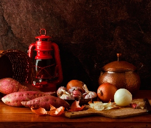 Nóż, Garnek, Lampa, Deska, Warzywa, Koszyk, Cebula, Czosnek, Kompozycja, Bataty